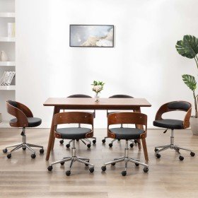 Sillas de comedor giratorias 6 uds madera curvada y cuero negro