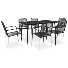 Set de comedor de jardín 7 pzas cuerda de algodón y acero negro Set de comedor de jardín 7 pzas cuerda de algodón y acero negro