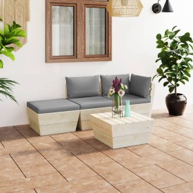 Muebles de jardín de palets 4 pzas y cojines madera de abeto