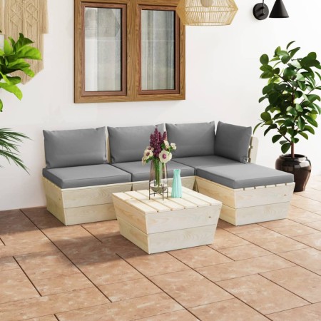 Muebles de jardín de palets 5 piezas y cojines madera de abeto