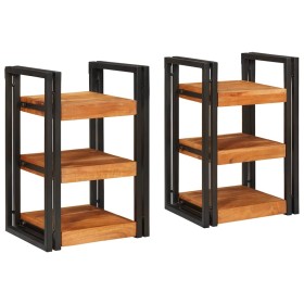 Mesa de Noche 2 pcs Marrón y negro Madera Sólida de Acacia