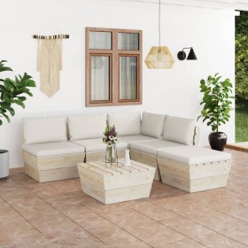 Muebles de jardín de palets 6 piezas y cojines madera de abeto