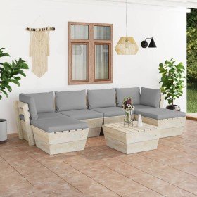 Muebles de jardín de palets 7 piezas y cojines madera de abeto