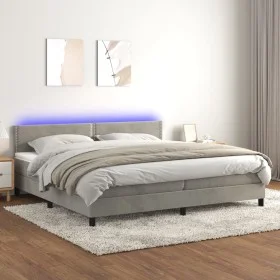 Box spring bed with mattress and LED light gray velvet 200x200 cm by vidaXL, Beds and slatted bases - Ref: Foro24-3134363, Pr...
