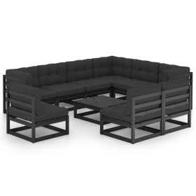 Set de muebles de jardín 10 pzas con cojines madera pino negro Set de muebles de jardín 10 pzas con cojines madera pino negro
