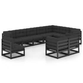 Set de muebles de jardín 10 pzas con cojines madera pino negro