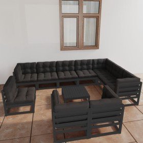 Set de muebles de jardín 11 pzas con cojines madera pino negro en Conjuntos de jardín | Comprar online en Foro24