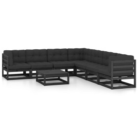 Set de muebles de jardín 8 pzas con cojines madera pino negro Set de muebles de jardín 8 pzas con cojines madera pino negro