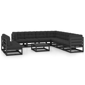 Set de muebles de jardín 10 pzas con cojines madera pino negro Set de muebles de jardín 10 pzas con cojines madera pino negro