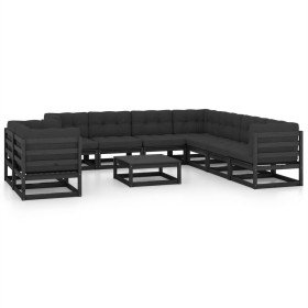 Set de muebles de jardín 10 pzas con cojines madera pino negro
