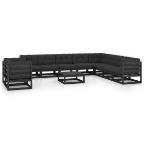 Set de muebles de jardín 11 pzas con cojines madera pino negro Set de muebles de jardín 11 pzas con cojines madera pino negro