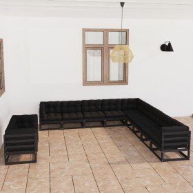 Set de muebles de jardín 11 pzas con cojines madera pino negro