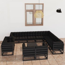 Set de muebles de jardín 13 pzas con cojines madera pino negro