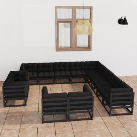 Set de muebles de jardín 13 pzas con cojines madera pino negro