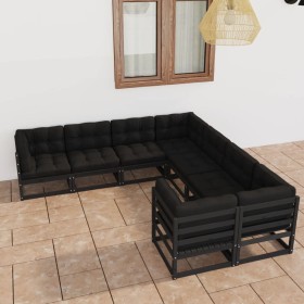 Set de muebles de jardín 8 pzas con cojines madera pino negro Set de muebles de jardín 8 pzas con cojines madera pino negro