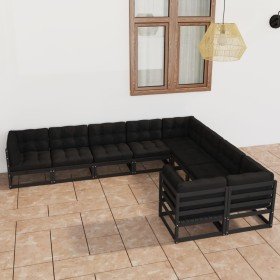 Set de muebles de jardín 9 pzas con cojines madera pino negro
