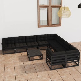 Set de muebles de jardín 10 pzas con cojines madera pino negro Set de muebles de jardín 10 pzas con cojines madera pino negro