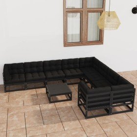Set de muebles de jardín 10 pzas con cojines madera pino negro Set de muebles de jardín 10 pzas con cojines madera pino negro