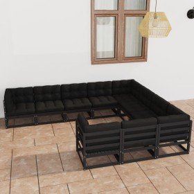 Set de muebles de jardín 10 pzas con cojines madera pino negro