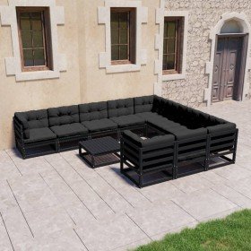 Set de muebles de jardín 11 pzas con cojines madera pino negro Set de muebles de jardín 11 pzas con cojines madera pino negro