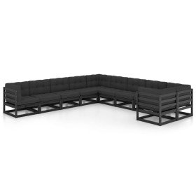 Set de muebles de jardín 10 pzas con cojines madera pino negro Set de muebles de jardín 10 pzas con cojines madera pino negro