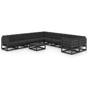 Set de muebles de jardín 11 pzas con cojines madera pino negro