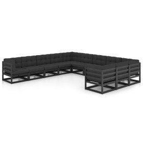 Set de muebles de jardín 11 pzas con cojines madera pino negro