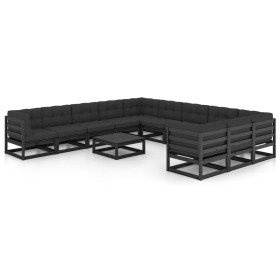 Set de muebles de jardín 12 pzas con cojines madera pino negro