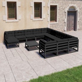 Set de muebles de jardín 13 pzas con cojines madera pino negro