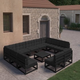 Set de muebles de jardín 10 pzas con cojines madera pino negro Set de muebles de jardín 10 pzas con cojines madera pino negro