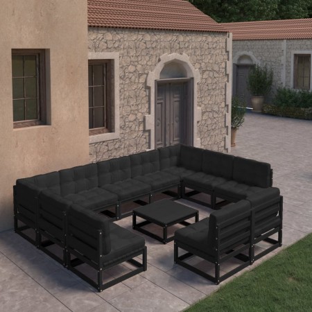 Set de muebles de jardín 10 pzas con cojines madera pino negro