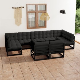 Set de muebles de jardín 9 pzas con cojines madera pino negro Set de muebles de jardín 9 pzas con cojines madera pino negro