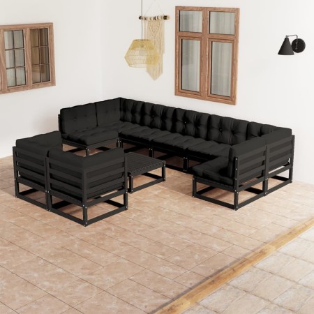 Set de muebles de jardín 10 pzas con cojines madera pino negro