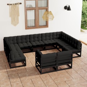 Set de muebles de jardín 11 pzas con cojines madera pino negro Set de muebles de jardín 11 pzas con cojines madera pino negro