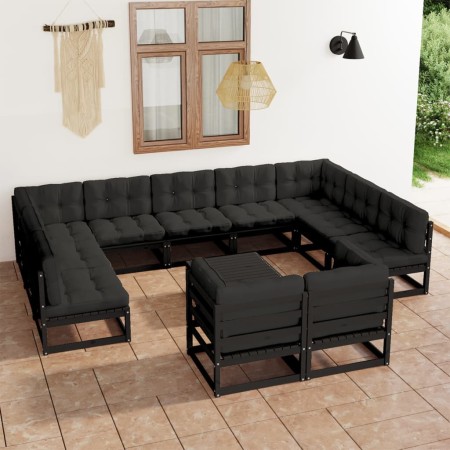 Set de muebles de jardín 12 pzas con cojines madera pino negro