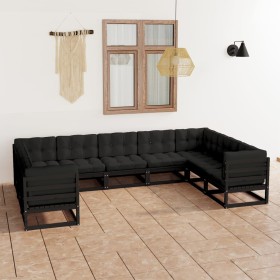 Set de muebles de jardín 9 pzas con cojines madera pino negro Set de muebles de jardín 9 pzas con cojines madera pino negro