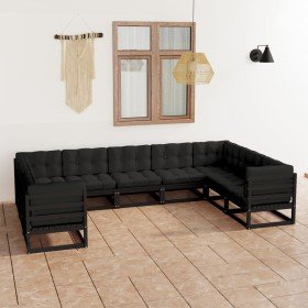 Set de muebles de jardín 9 pzas con cojines madera pino negro Set de muebles de jardín 9 pzas con cojines madera pino negro