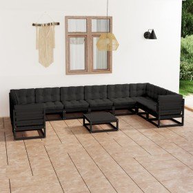 Set de muebles de jardín 11 pzas con cojines madera pino negro