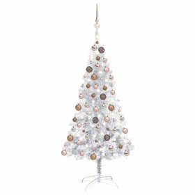 Árbol de Navidad preiluminado con luces y bolas plateado 120 cm