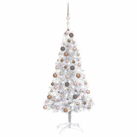 Árbol de Navidad preiluminado con luces y bolas plateado 120 cm
