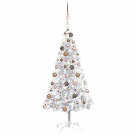 Árbol de Navidad preiluminado con luces y bolas plateado 120 cm