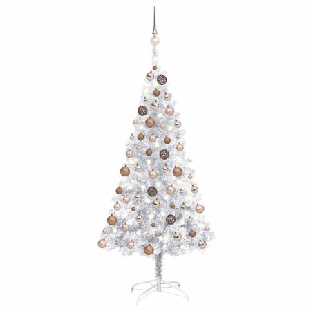 Árbol de Navidad preiluminado con luces y bolas plateado 150 cm