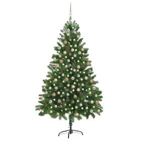 Árbol de Navidad preiluminado con luces y bolas verde 210 cm