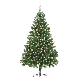 Árbol de Navidad preiluminado con luces y bolas verde 210 cm
