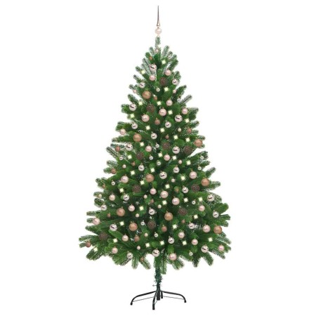 Árbol de Navidad preiluminado con luces y bolas verde 210 cm