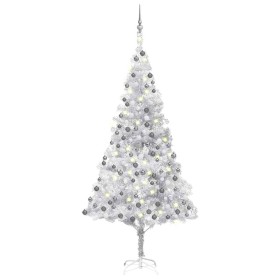 Árbol de Navidad preiluminado con luces y bolas plateado 210 cm