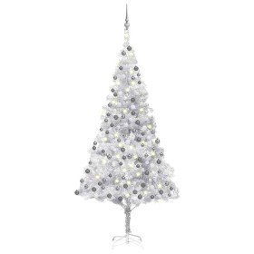 Árbol de Navidad preiluminado con luces y bolas plateado 210 cm