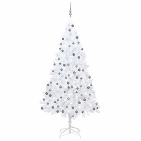 Árbol de Navidad preiluminado con luces y bolas blanco 210 cm