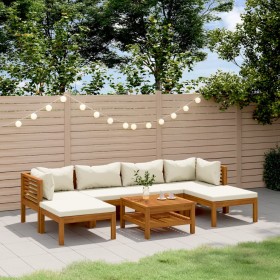 Set de muebles de jardín 7 pzas con cojín crema acacia maciza