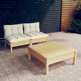 Muebles de jardín 3 piezas cojines madera de pino crema Muebles de jardín 3 piezas cojines madera de pino crema